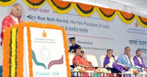 The President, Shri Ram Nath Kovind addressing the 7th Convocation of IIT Hyderabad, at Indian Institute of Technology Hyderabad, Sangareddy District, in Telangana on August 05, 2018. The Governor of Telangana, Shri E.S.L. Narasimhan and other dignitaries are also seen.