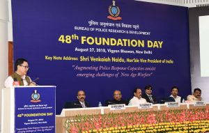 The Minister of State for Home Affairs, Shri Kiren Rijiju addressing the gathering at the 48th Foundation Day of Bureau of Police Research and Development, in New Delhi on August 27, 2018.