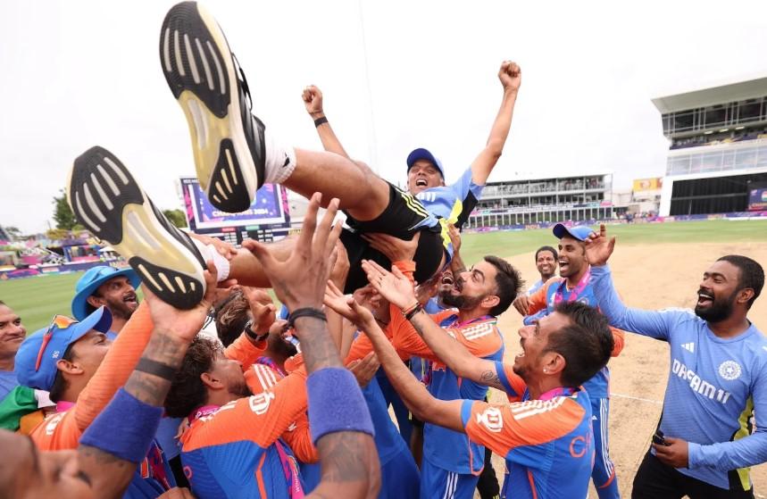Rahul Dravid Signs Off As India Coach, Rohit, Virat & Others Toss Lift Him To Bid Farewell After T20 World Cup Win