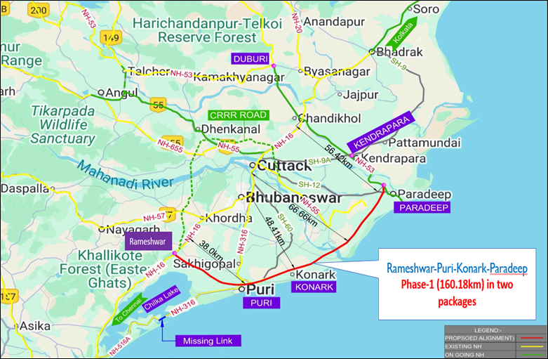 Cabinet approves the construction of new coastal Highway from Rameshwar to Paradeep (Part of Coastal Highway having total length of 163.180 Km in 2 Packages) on Hybrid Annuity Mode in Odisha