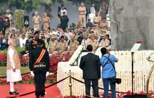 The Prime Minister, Shri Narendra Modi paying homage at the National Police Memorial, on the occasion of the Police Commemoration Day, at Chanakyapuri, New Delhi on October 21, 2018.