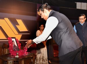 The Minister of State for Youth Affairs & Sports and Information & Broadcasting (I/C), Col. Rajyavardhan Singh Rathore paying tributes to the martyred Cameraperson of DD News Shri Achyutanand Sahu, at a condolence meeting, in New Delhi on November 01, 2018. The Chairman, Prasar Bharati, Dr. A. Surya Prakash is also seen.