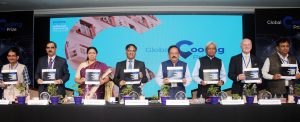 The Union Minister for Science & Technology, Earth Sciences and Environment, Forest & Climate Change, Dr. Harsh Vardhan releasing the publication at the inauguration of the Global Cooling Innovation Summit & Global Cooling Prize, in New Delhi on November 12, 2018. The Principal Scientific Adviser to the Government of India, Prof. K. Vijay Raghavan, the Secretary, Department of Science and Technology, Prof. Ashutosh Sharma, the Secretary of Department of Biotechnology, Dr. Renu Swarup and other dignitaries are also seen.